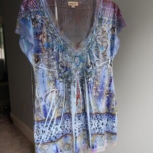 OneWorld Blue and purple beaded top with V-neckline and short sleeves. Mesh